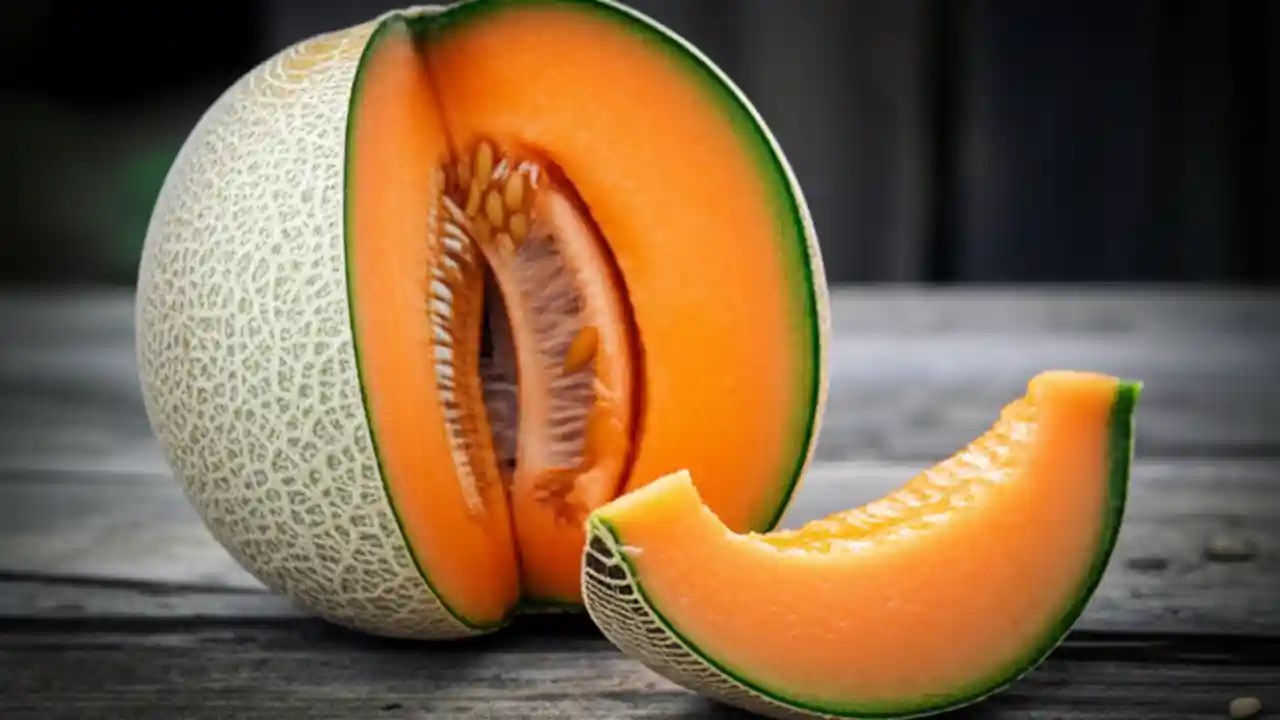A perfectly ripe, vibrant orange cantaloupe sliced open next to a whole melon on a wooden surface, ready to be eaten.