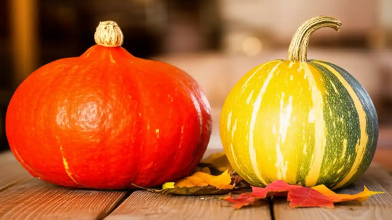 A vibrant orange pumpkin sits next to a partially green pumpkin on a wooden table, illustrating the process of ripening pumpkins after picking.