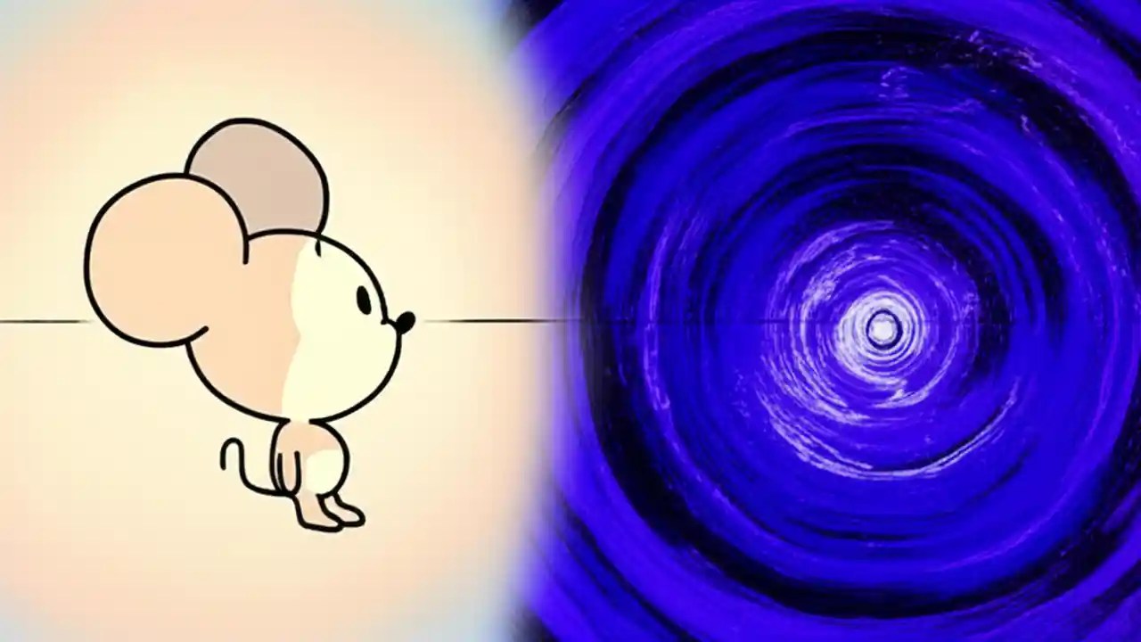 A conceptual image illustrating the divide and coexistence between original media and Rule34 fan art, with symbolic representations of innocence and adult interpretation.