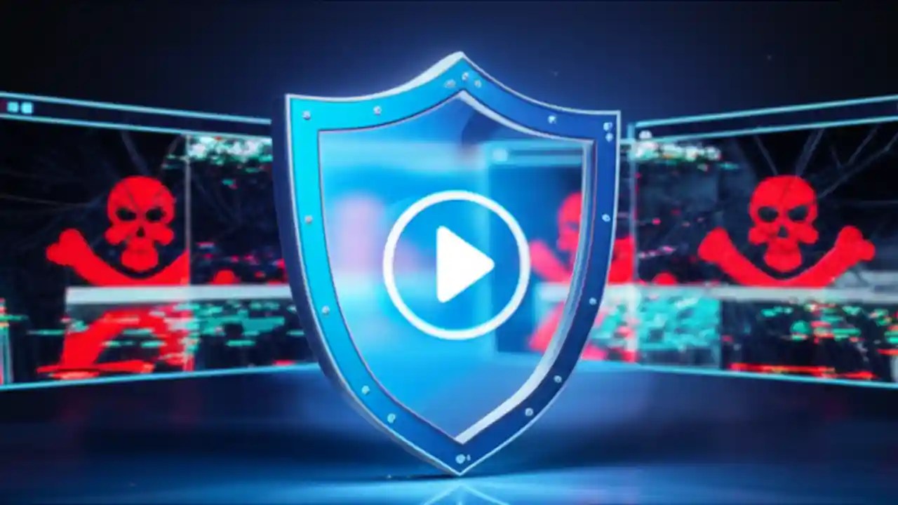 An illustration showing a secure shield icon, representing safe streaming, in front of a background of dangerous, glitchy website clones.