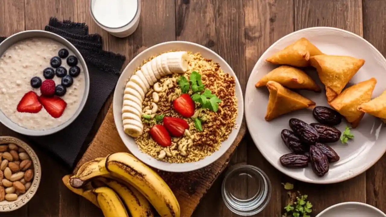 A comparison image showing a healthy Sehri meal on one side and a traditional Iftar spread with dates and savory foods on the other.