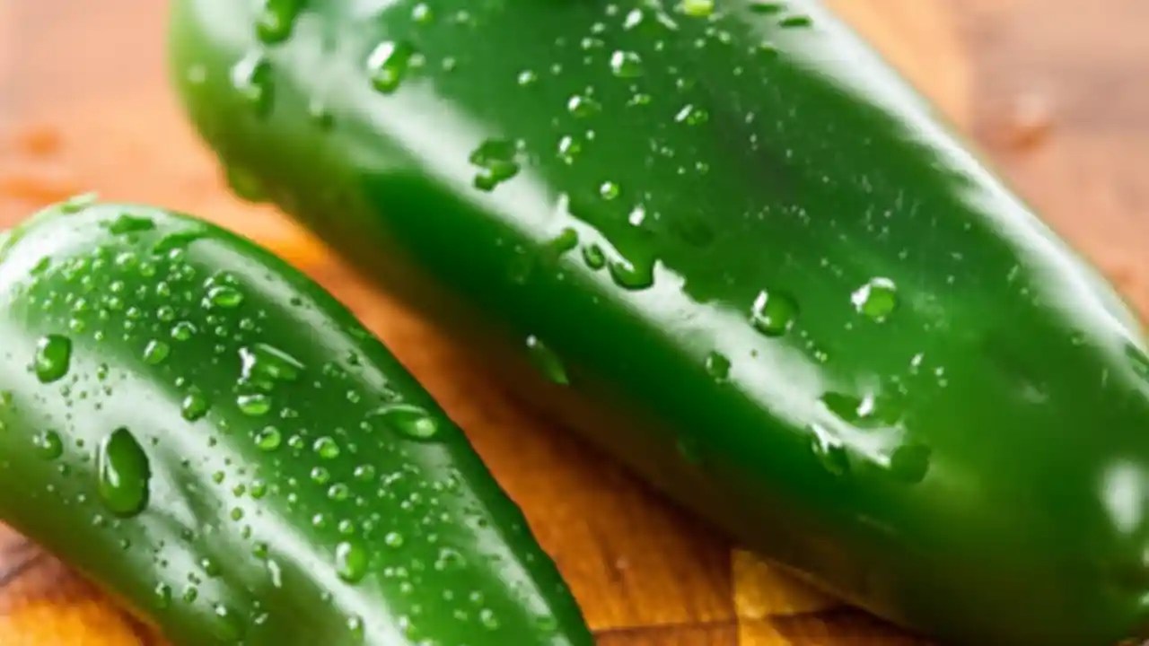 A close-up side-by-side comparison of a small, slender green serrano pepper next to a larger, plumper green jalapeño pepper on a rustic wooden board.