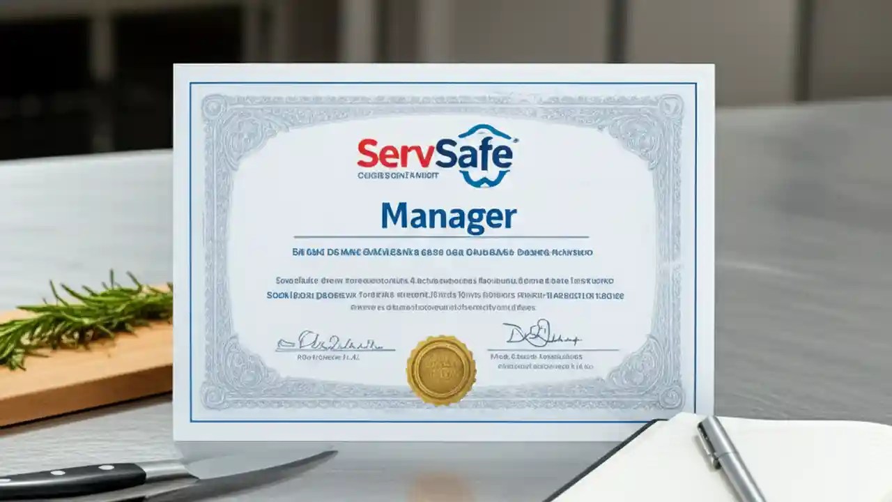 A ServSafe Manager certificate and textbook on a clean kitchen counter, illustrating the total cost of food safety certification.