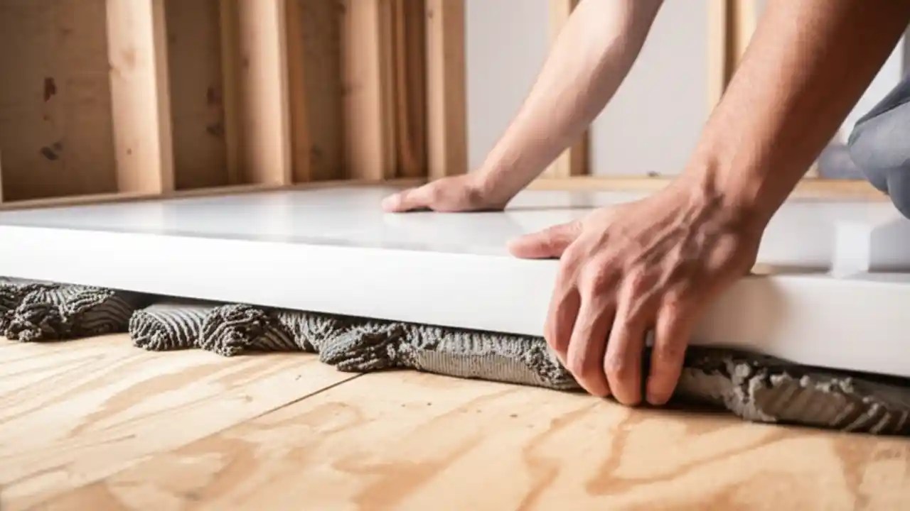 A professional setting a white acrylic shower base into a bed of wet mortar on a subfloor to ensure it is level and fully supported.
