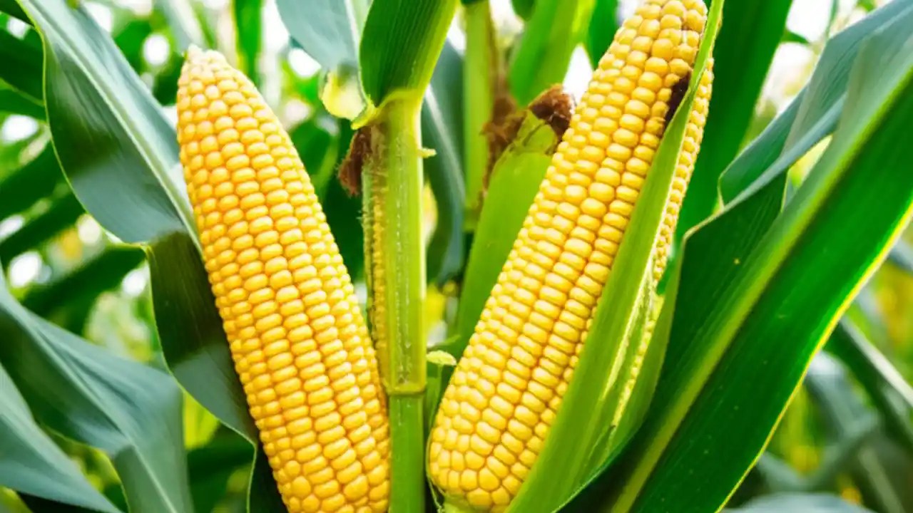 A healthy sweet corn stalk boasting two mature, plump ears of corn ready for harvest in a sunny garden.