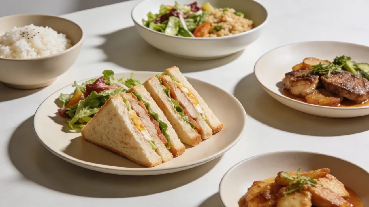 Chicken sandwich, rice bowl, and fresh salad on a bright table for daily lunch inspiration.