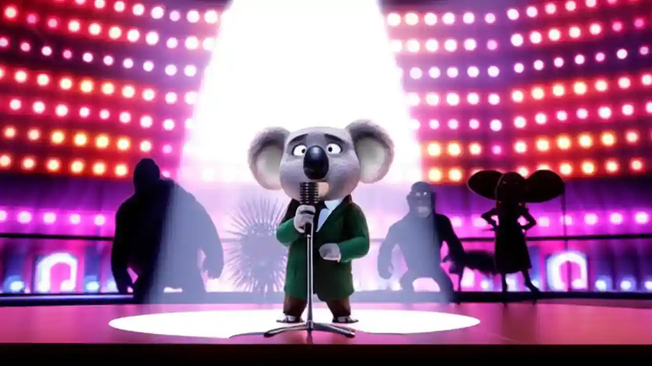 Buster Moon the koala on stage with his cast, teasing the confirmed sequel Sing 3, which is not coming in 2026.