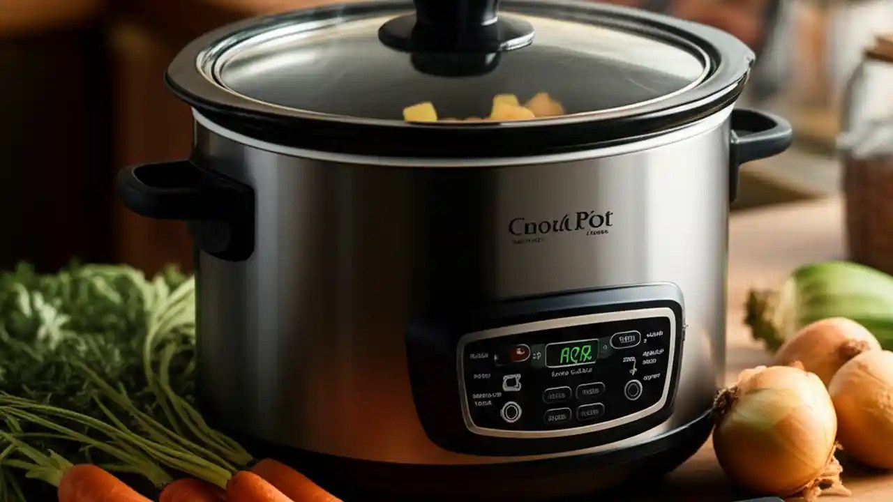 An overhead view of a ceramic slow cooker containing a finished beef stew, with ingredients like carrots and herbs arranged nearby on a wooden surface.
