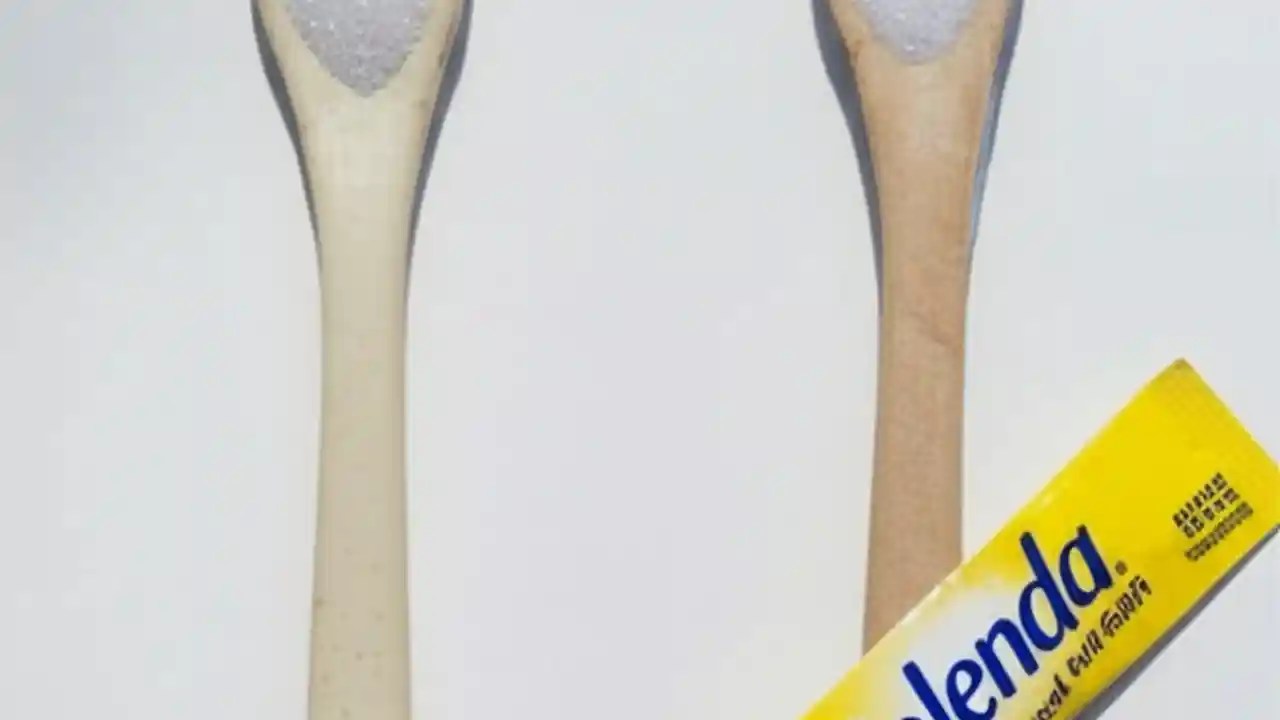 A comparison shot showing a white bowl of sugar on the left and a yellow box and packets of Splenda on the right, on a clean kitchen counter.