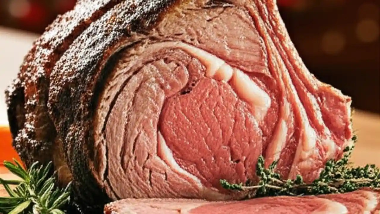 A perfectly cooked standing rib roast on a wooden cutting board, sliced to show a juicy, medium-rare center.