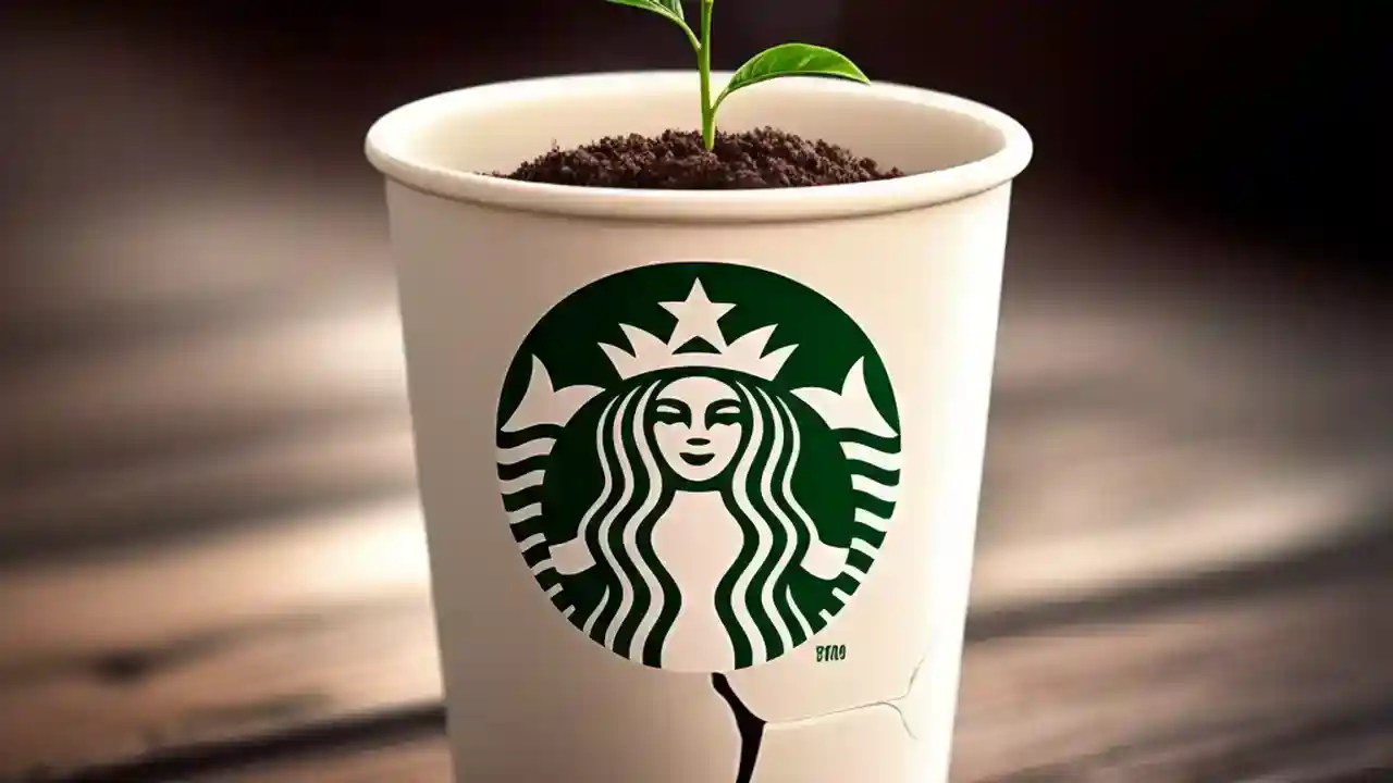 A Starbucks cup, half pristine and half cracked with a plant growing out, symbolizing the company's complex ethical record.