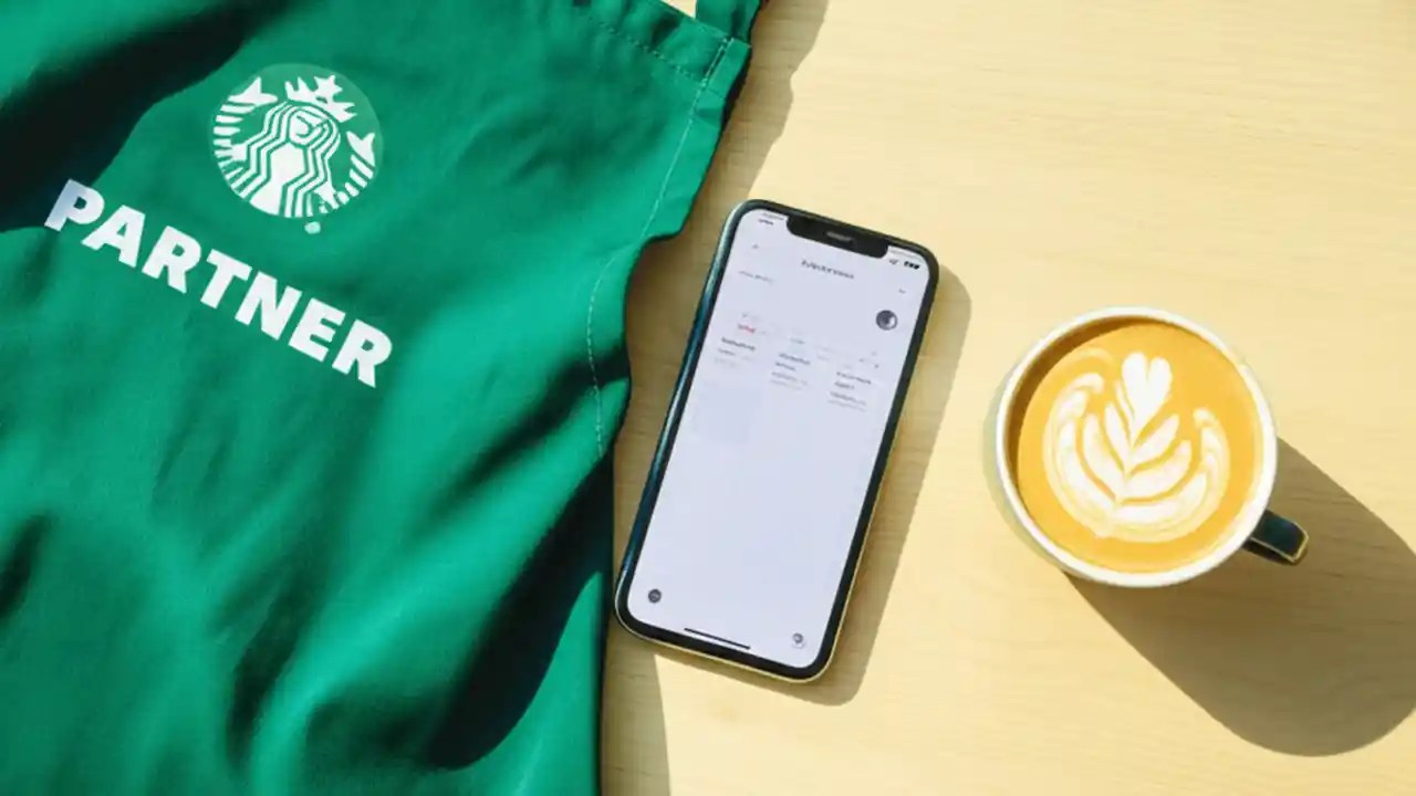 A smartphone showing a work schedule next to a Starbucks apron and a cup of coffee on a desk.