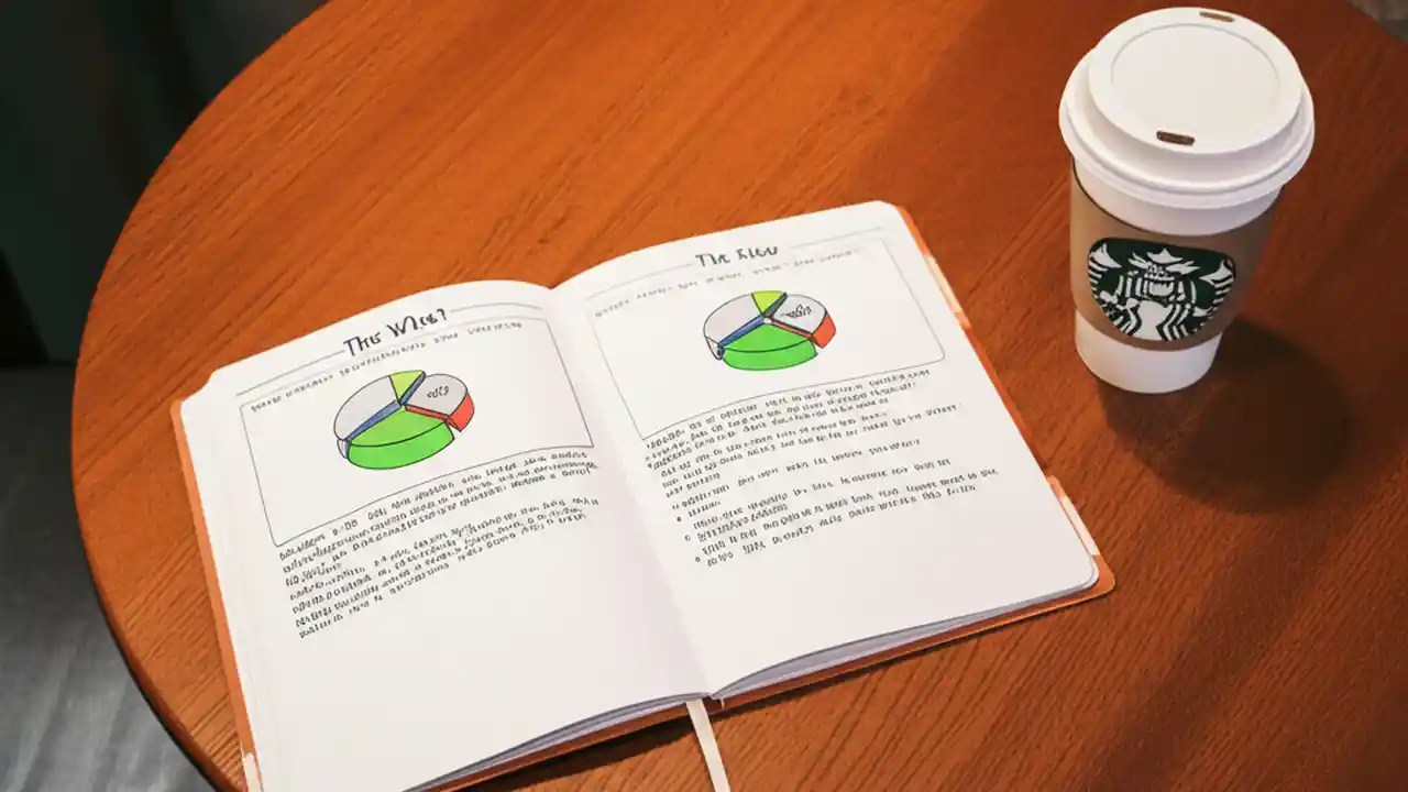 An overhead view of a coffee table with a notebook detailing the Starbucks performance management process, next to a cup of coffee.