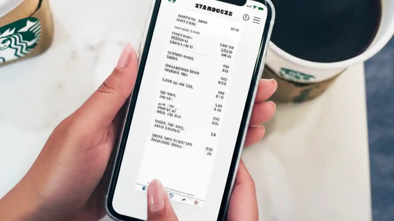 A detailed image of hands holding a Starbucks receipt over a smartphone screen, displaying the Starbucks app's receipt upload interface, demonstrating the process of earning Stars.