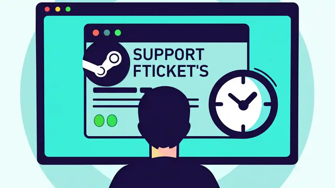 An illustration showing the Steam logo on a computer screen next to a clock, representing Steam support response times.