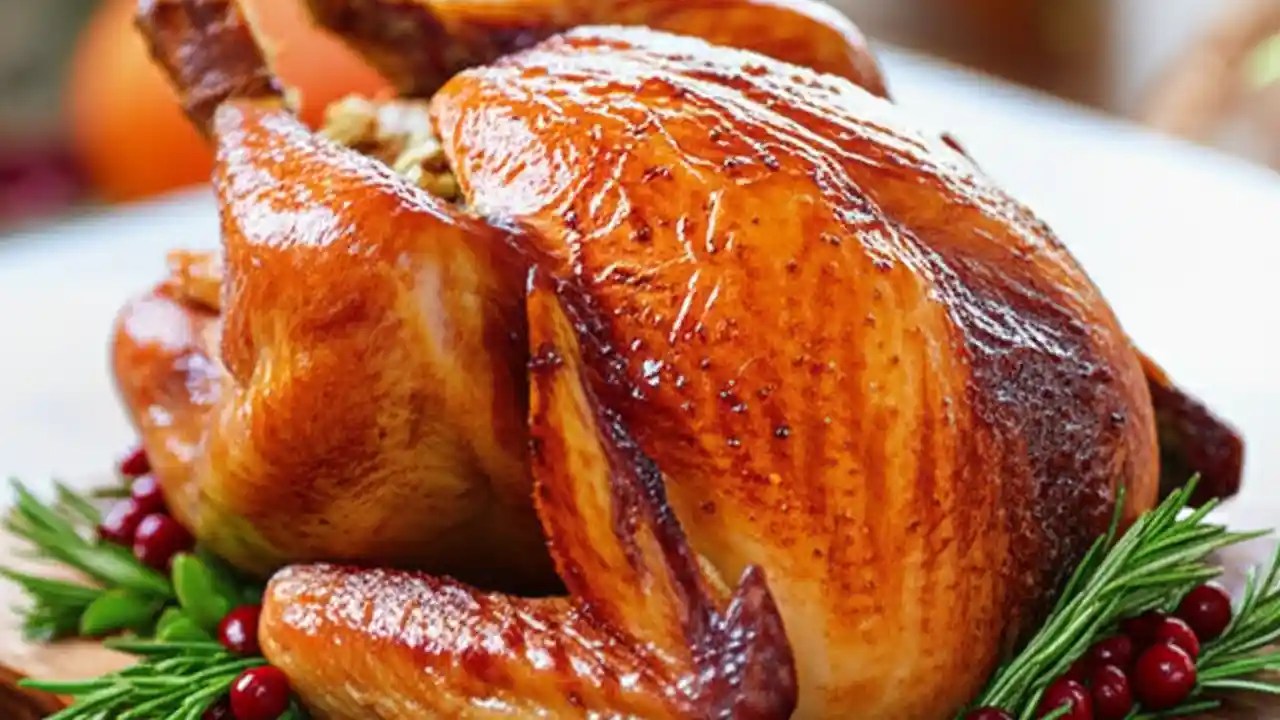 A perfectly roasted and stuffed turkey at 325 degrees, resting on a wooden board before being carved for a holiday meal.