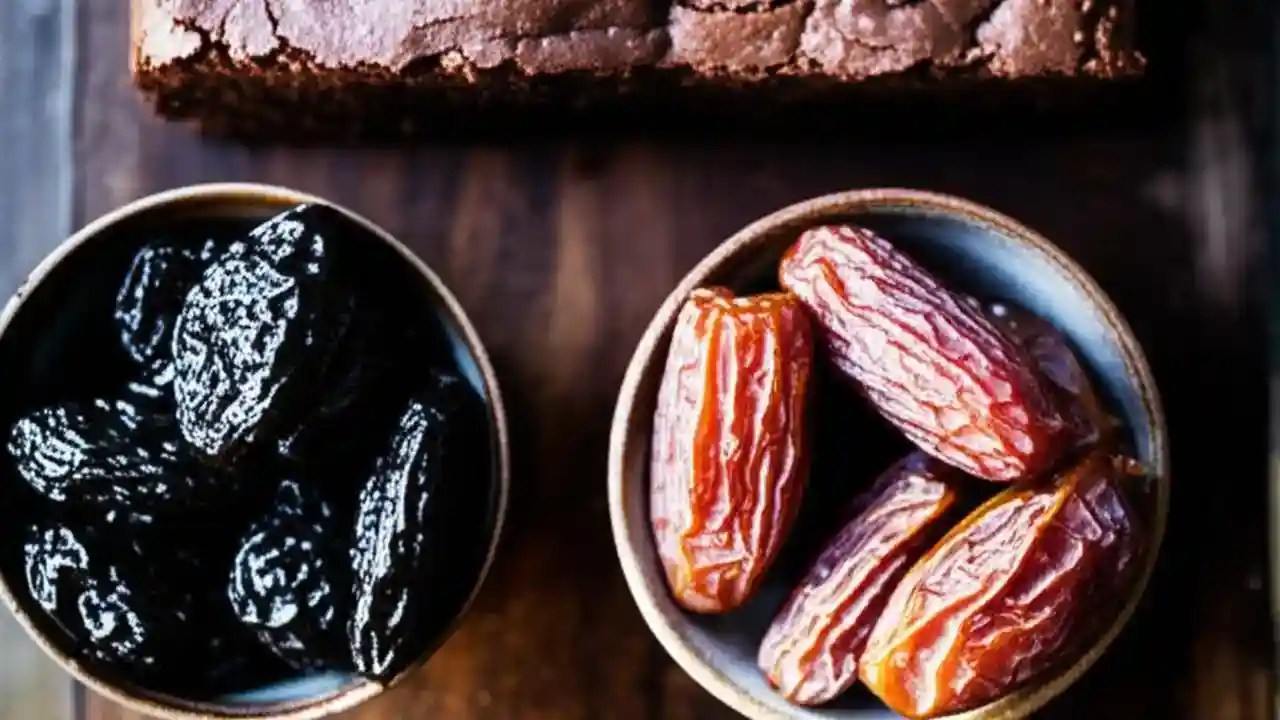 A side-by-side comparison of prunes and dates in bowls, with a chocolate brownie in the background, illustrating a recipe substitution.