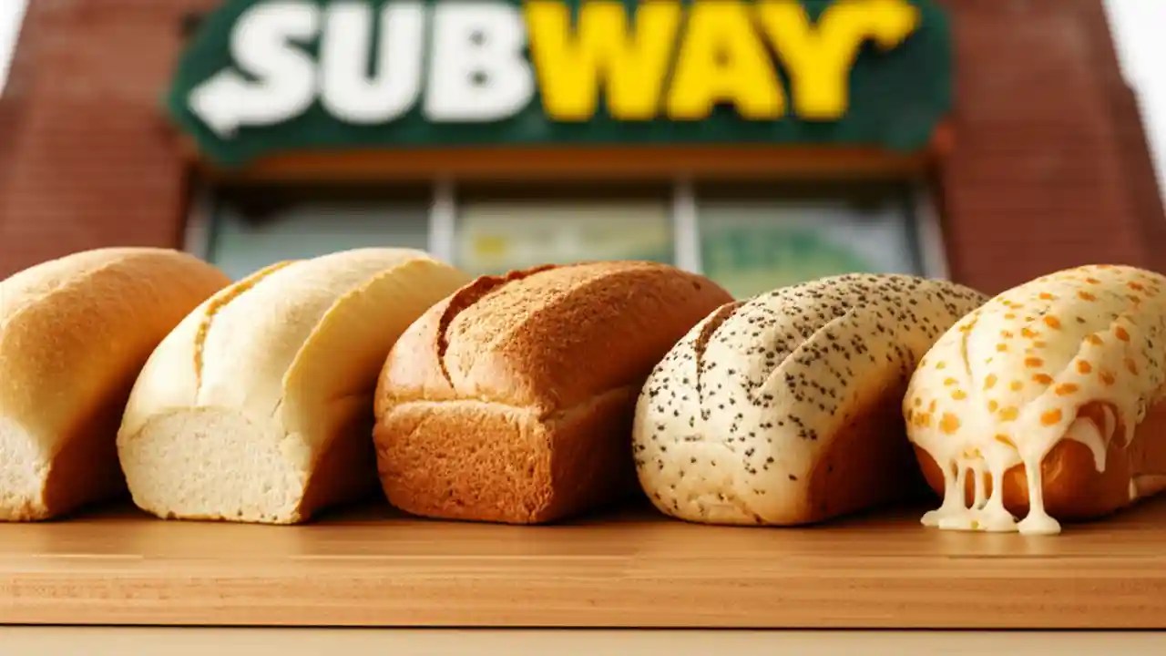 A display of the main Subway bread options, including Italian, 9-Grain Wheat, and Italian Herbs & Cheese, on a wooden board.
