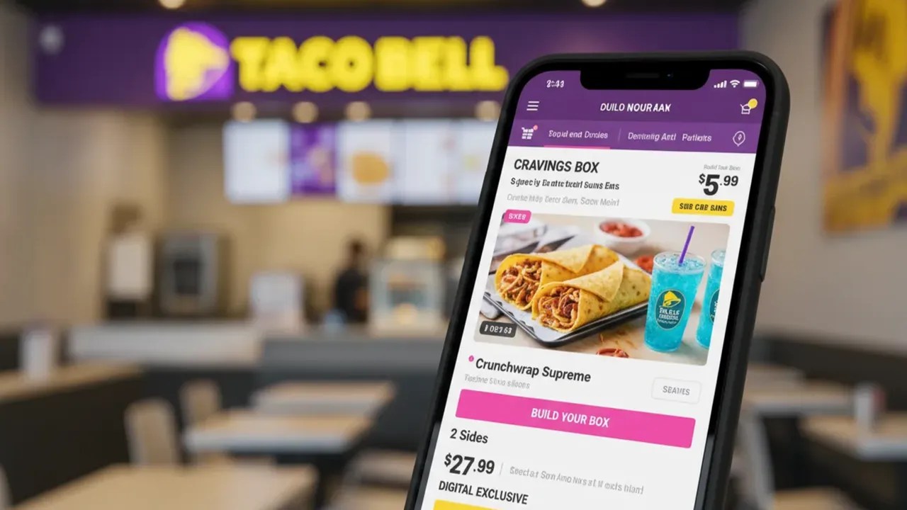 Taco Bell mobile app showing Build Your Own Cravings Box deal