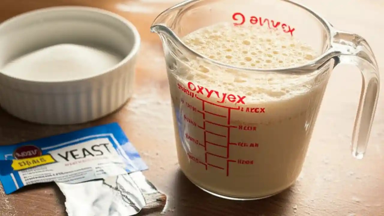 A clear glass cup with a foamy, bubbly layer on top, demonstrating that the old yeast is still active and alive after being tested.