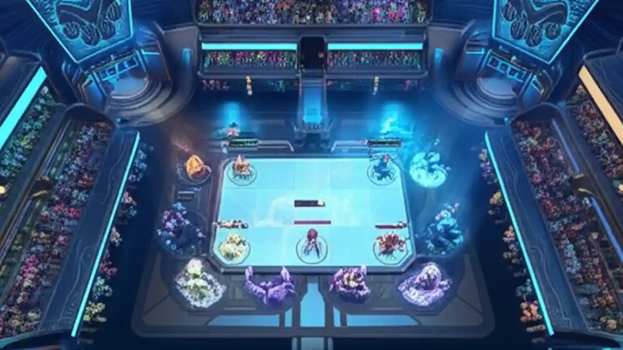 An artistic depiction of the global Teamfight Tactics player base in 2026, showing a massive arena with a central game board.