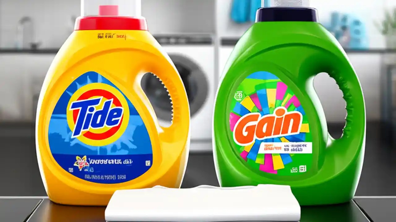 A comparison image showing a bottle of Tide laundry detergent next to a bottle of Gain laundry detergent with a clean white shirt between them.