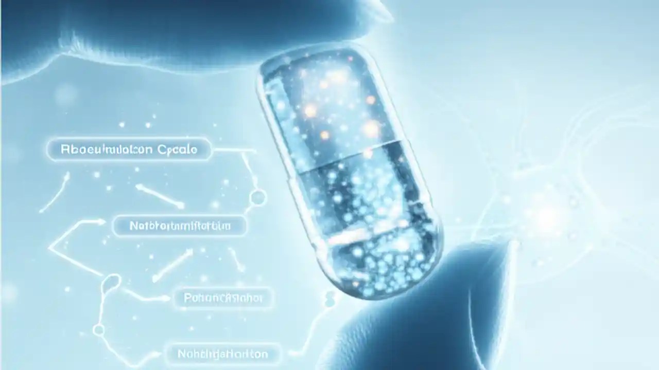 A person holding a TMG supplement capsule with a diagram of the brain's methylation cycle in the background, illustrating the cause of anxiety.