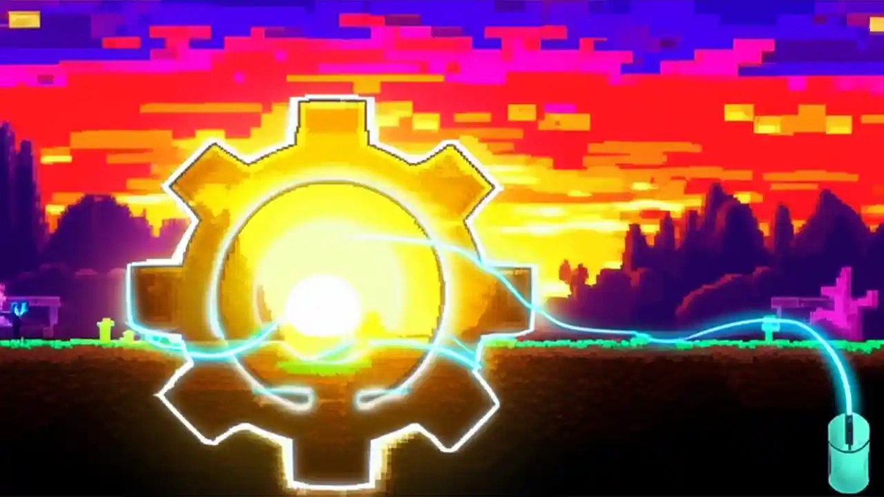 A symbolic image showing a connection being made to the tModLoader gear in a Terraria world, representing a successful download.