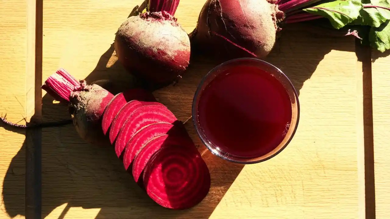 A cutting board with fresh whole and sliced beetroots next to a glass of beetroot juice, illustrating the topic of beetroot consumption limits.