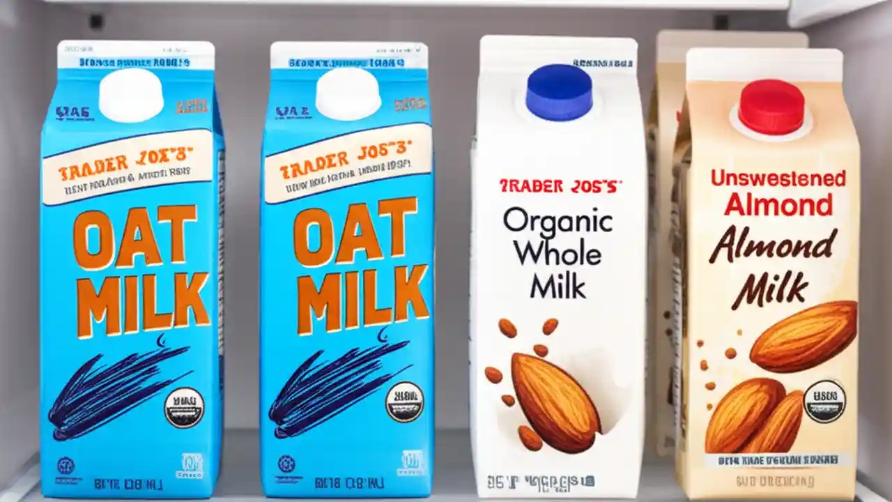 An organized refrigerator shelf showing the different kinds of milk sold at Trader Joe's, including oat, dairy, and almond milk cartons.