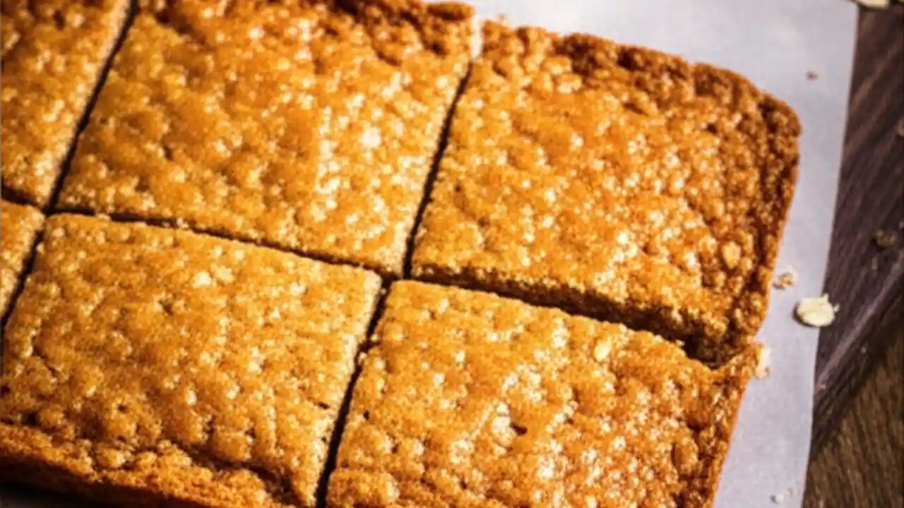 A perfectly baked square of a traditional British flapjack, showing its chewy oat texture, next to a tin of golden syrup on a wooden board.
