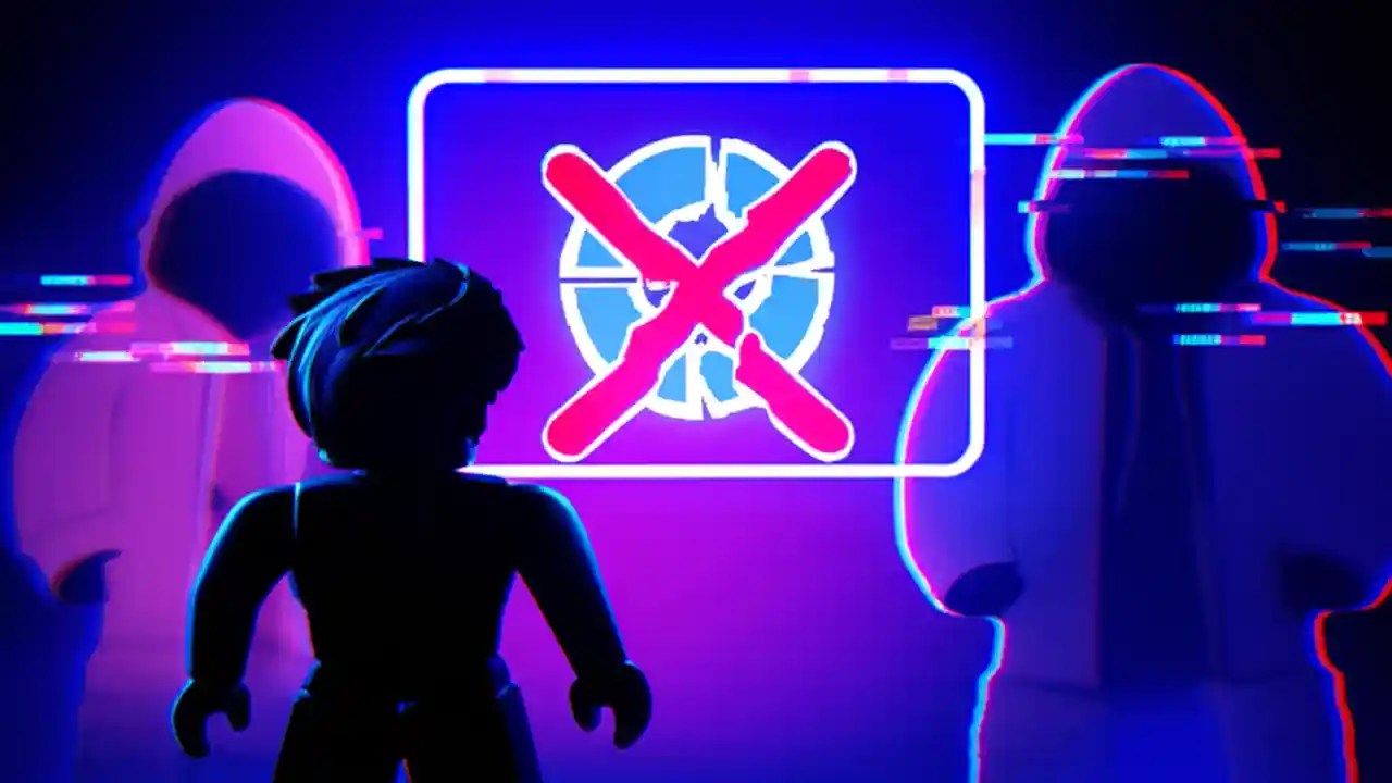 An illustration showing a Roblox character facing a large warning sign about the dangers and fake nature of free Robux generators.