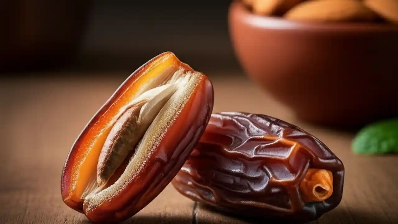 Two Medjool dates on a wooden table, one of which is cut in half, showing the flesh and pit, highlighting their natural sugar content.