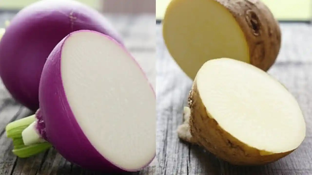 A detailed comparison image showing the differences between turnips, which are small with white flesh, and Swedes (rutabagas), which are larger with yellow flesh.