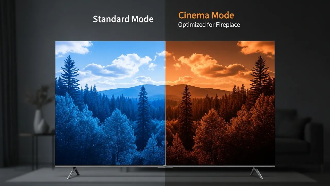 Comparison of TV display settings showing standard cool tones versus warm cinema mode optimized for fireplace viewing.