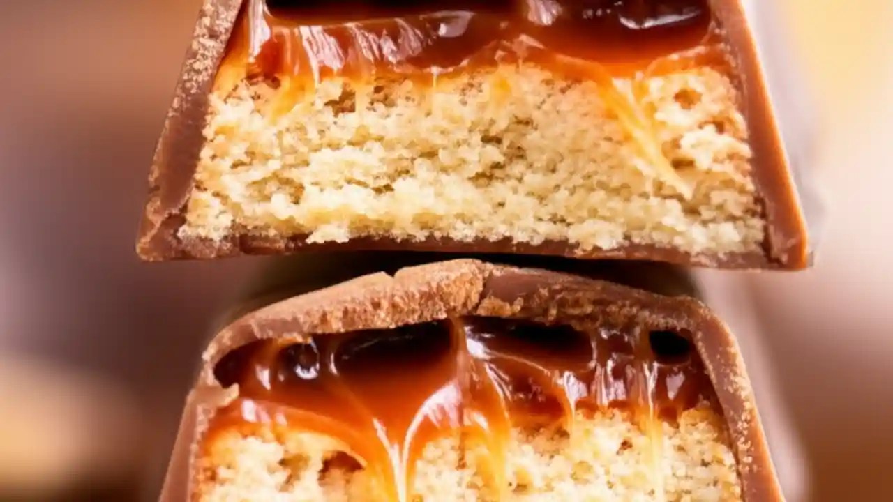 A detailed close-up of a Twix bar cut in half, revealing its biscuit, caramel, and milk chocolate layers.