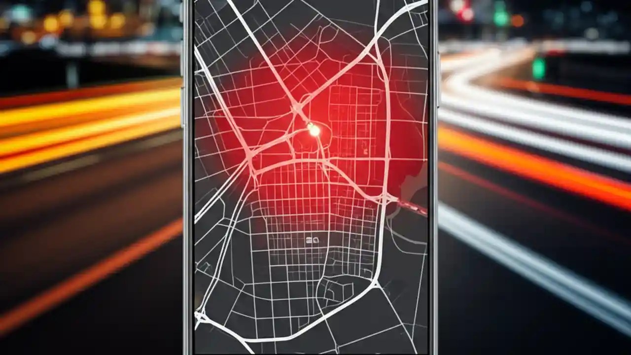A smartphone showing the Uber app with a red surge pricing map over a blurred background of city traffic at night, illustrating peak times.