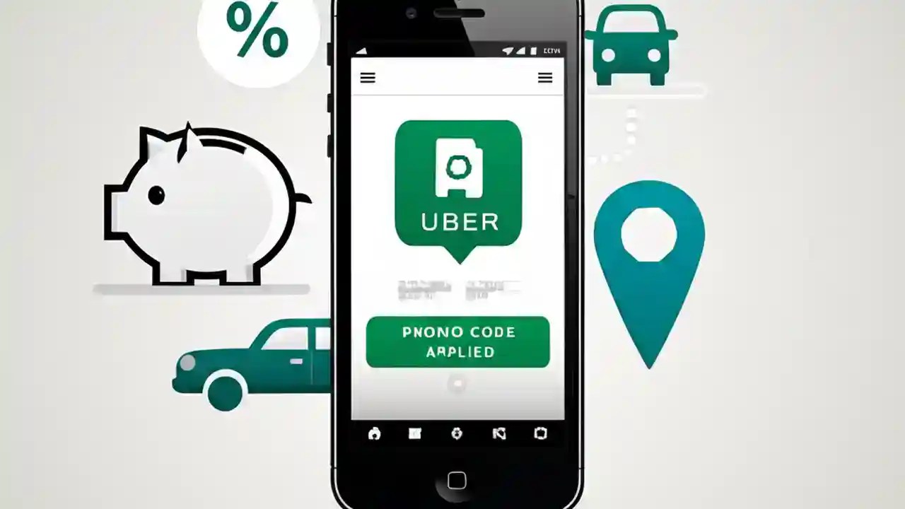 A smartphone showing a successful Uber promo code application, surrounded by icons for savings and travel.