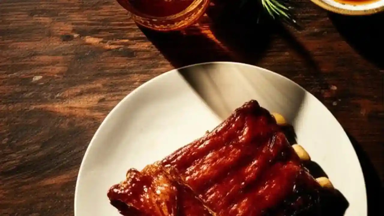 An overhead shot of a wooden table featuring a glass of bourbon next to a steak, BBQ, cheese, and chocolate, illustrating food pairings.