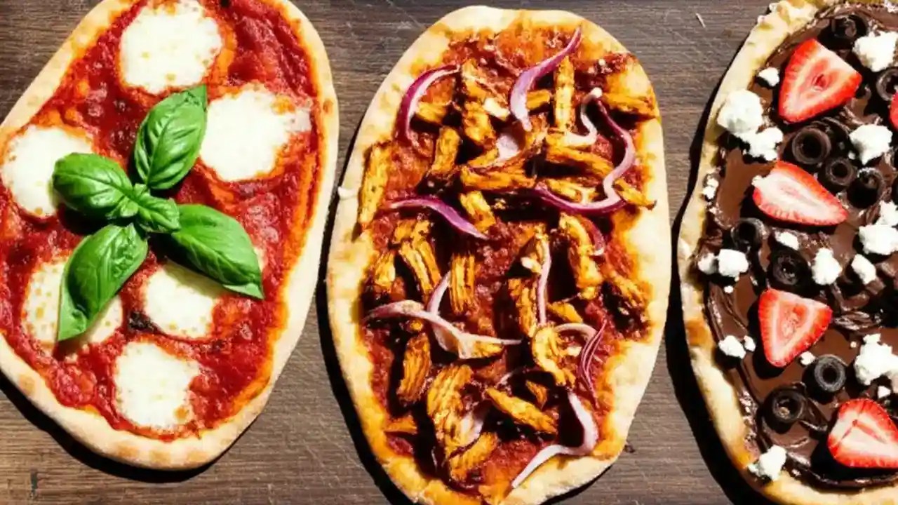 Three different flatbreads on a wooden board: a Margherita, a Mediterranean style, and a BBQ chicken flatbread, showcasing topping variety.