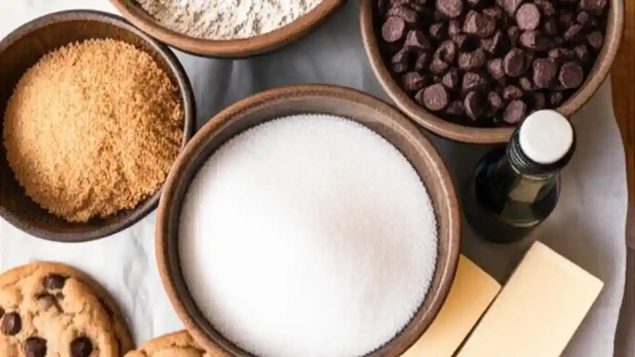 A flat lay photo showing the core ingredients for cookies: flour, butter, sugar, eggs, vanilla, and chocolate chips on a wooden surface.