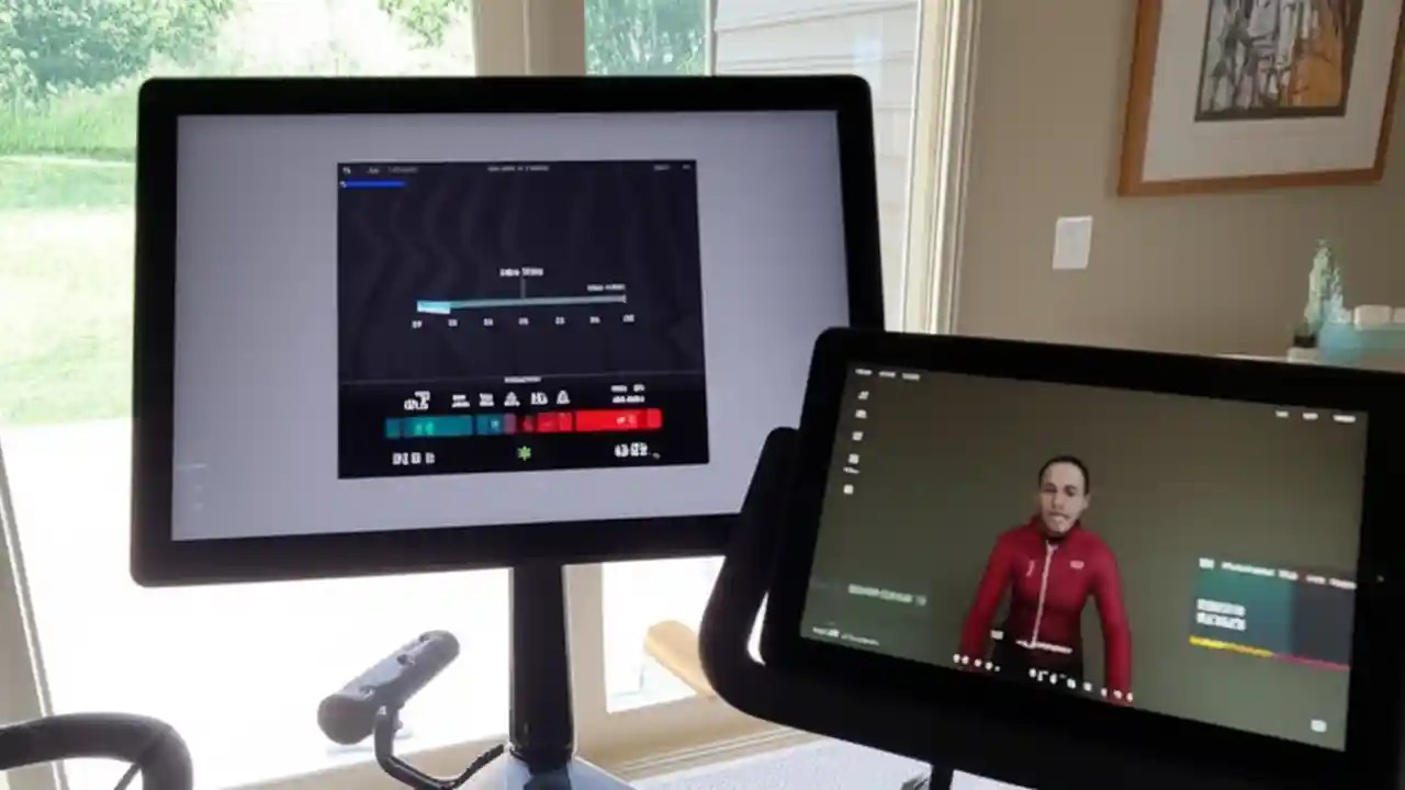 A view from a Peloton bike showing the screen in 'Just Ride' mode next to a tablet playing a third-party fitness class.