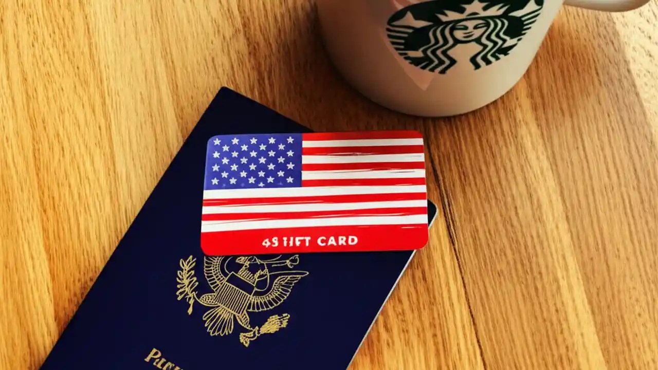 A US Starbucks gift card sits next to a passport and a coffee, illustrating the concept of using the card abroad.