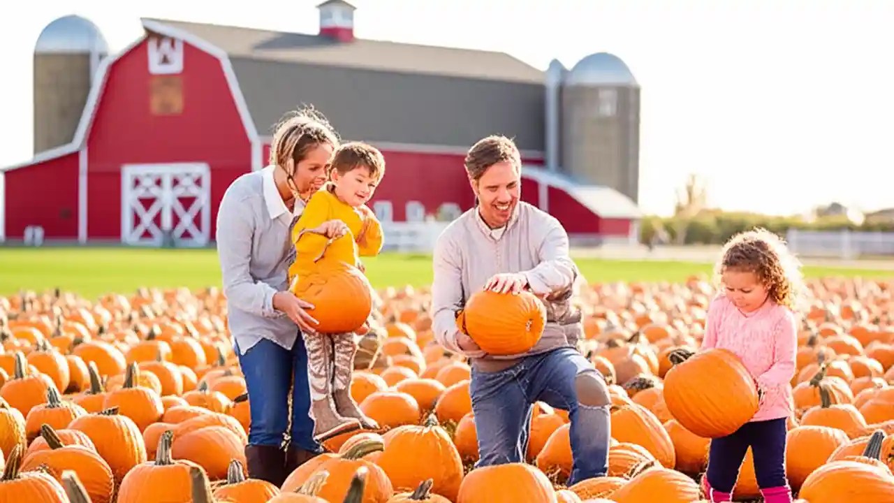 A family with a young boy and girl choosing the perfect pumpkin from a field during a sunny day at Vala's Pumpkin Patch in 2026.
