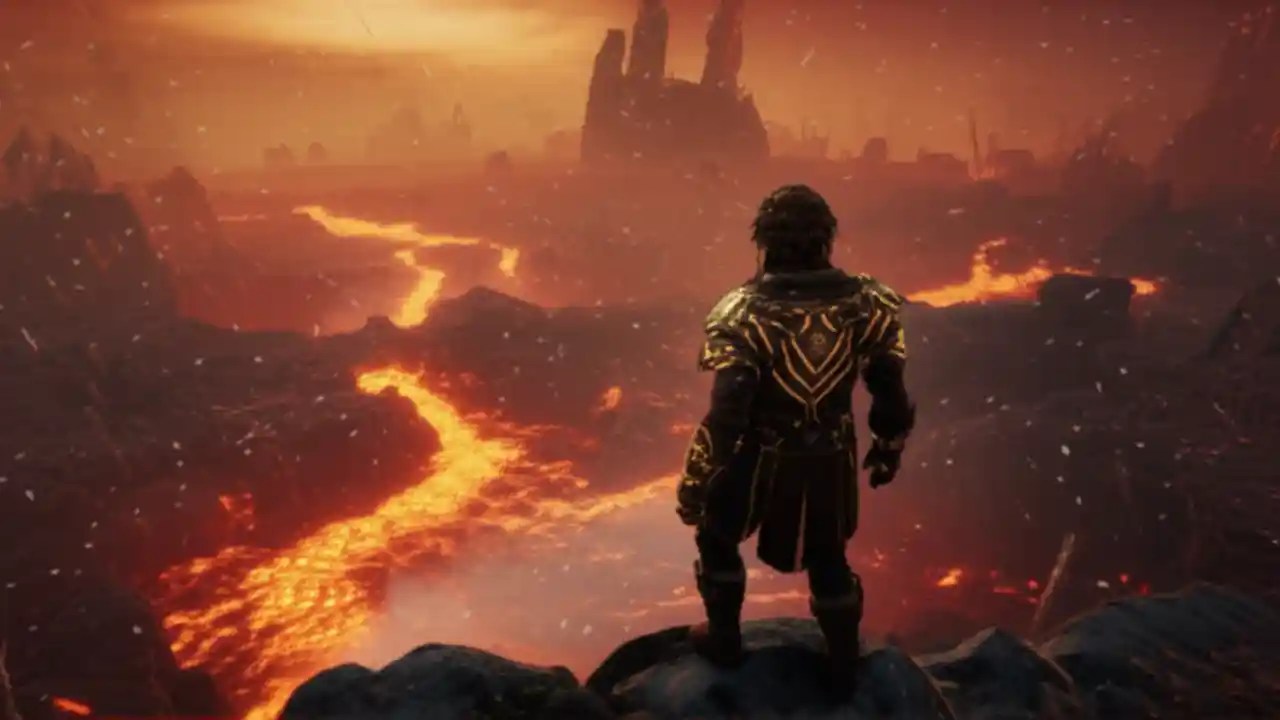 A player in full end-game armor stands on a cliff in Valheim, looking at the fiery Ashlands, which marks the game's full release out of early access.