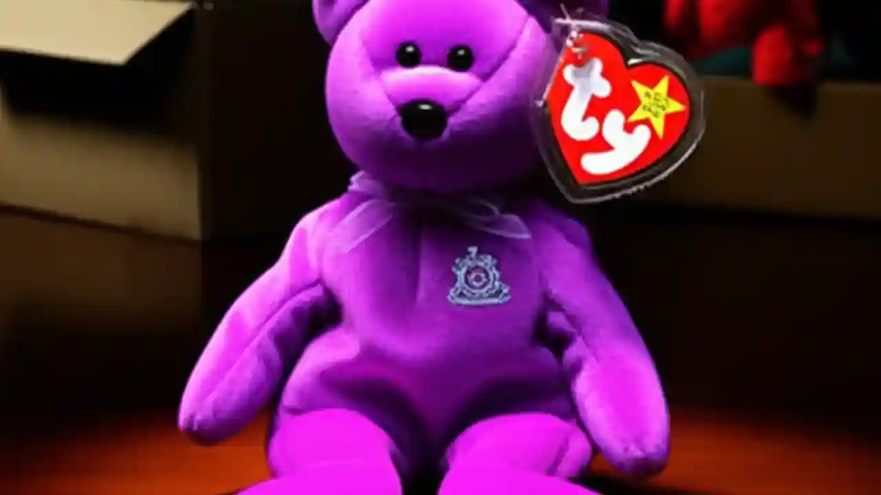 A purple Princess the Bear Beanie Baby with a mint condition tag sits inside an old box in an attic, illustrating the concept of finding valuable Beanie Babies.