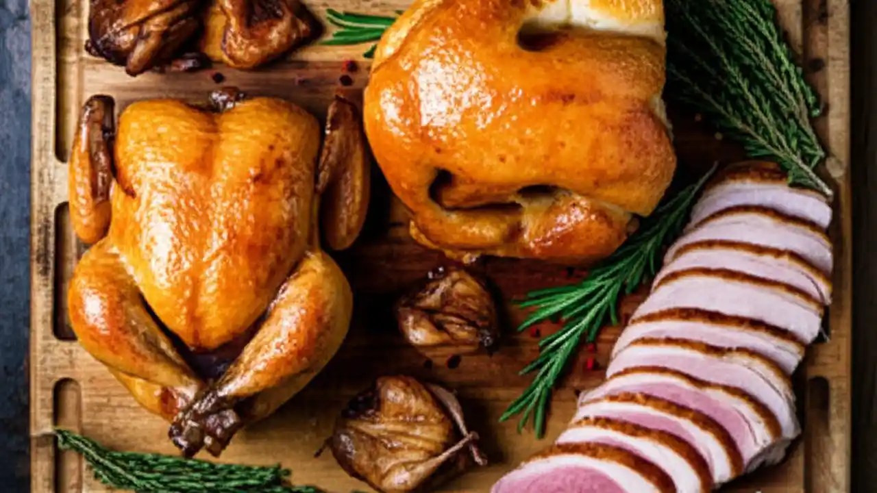 A culinary flat lay showcasing a roasted chicken, raw duck breast, cooked quail, and turkey slices on a wooden board.