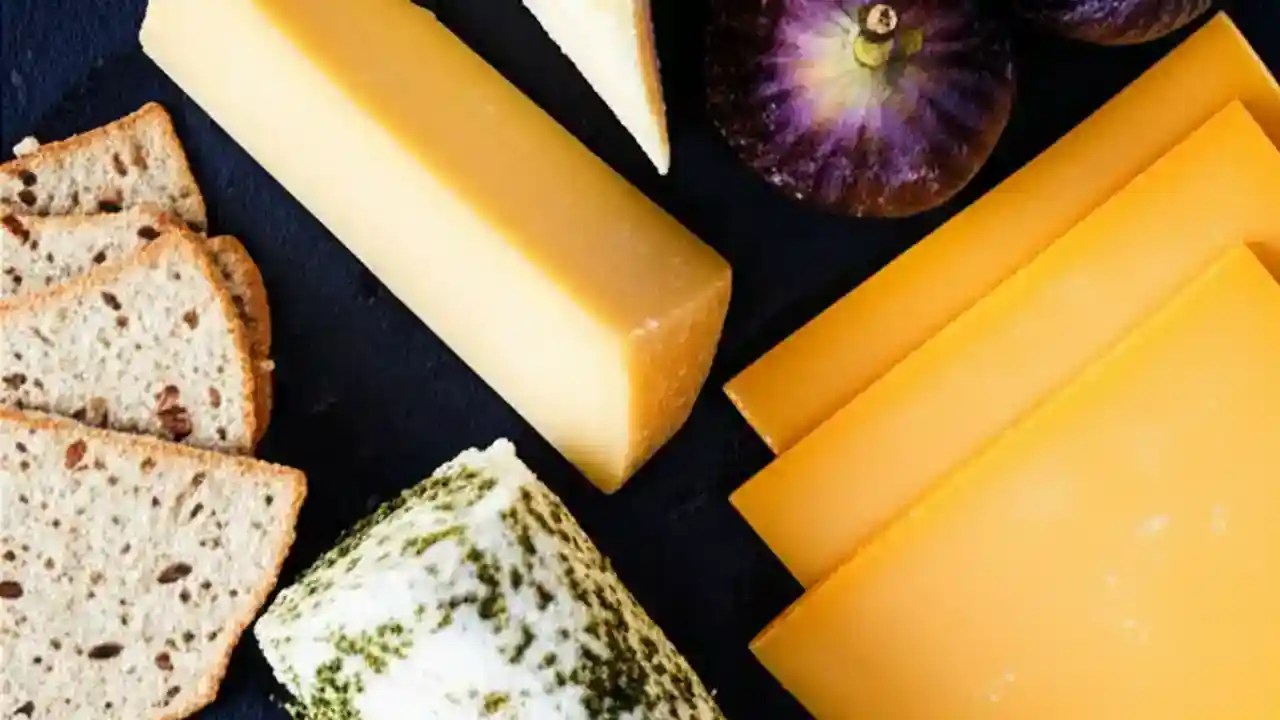 A wooden board displaying various vegetarian cheeses, including cheddar, cottage cheese, and paneer, alongside grapes and figs.