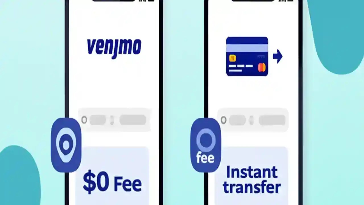 Illustration explaining Venmo fees, showing a free transfer from a debit card and paid transfers using a credit card and instant transfer.