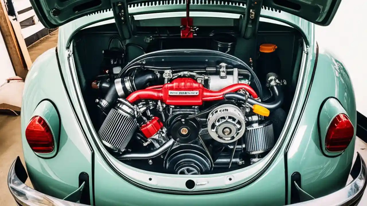 A detailed view of a Subaru boxer engine fitted into the engine bay of a classic Volkswagen Beetle, showcasing a popular engine swap.